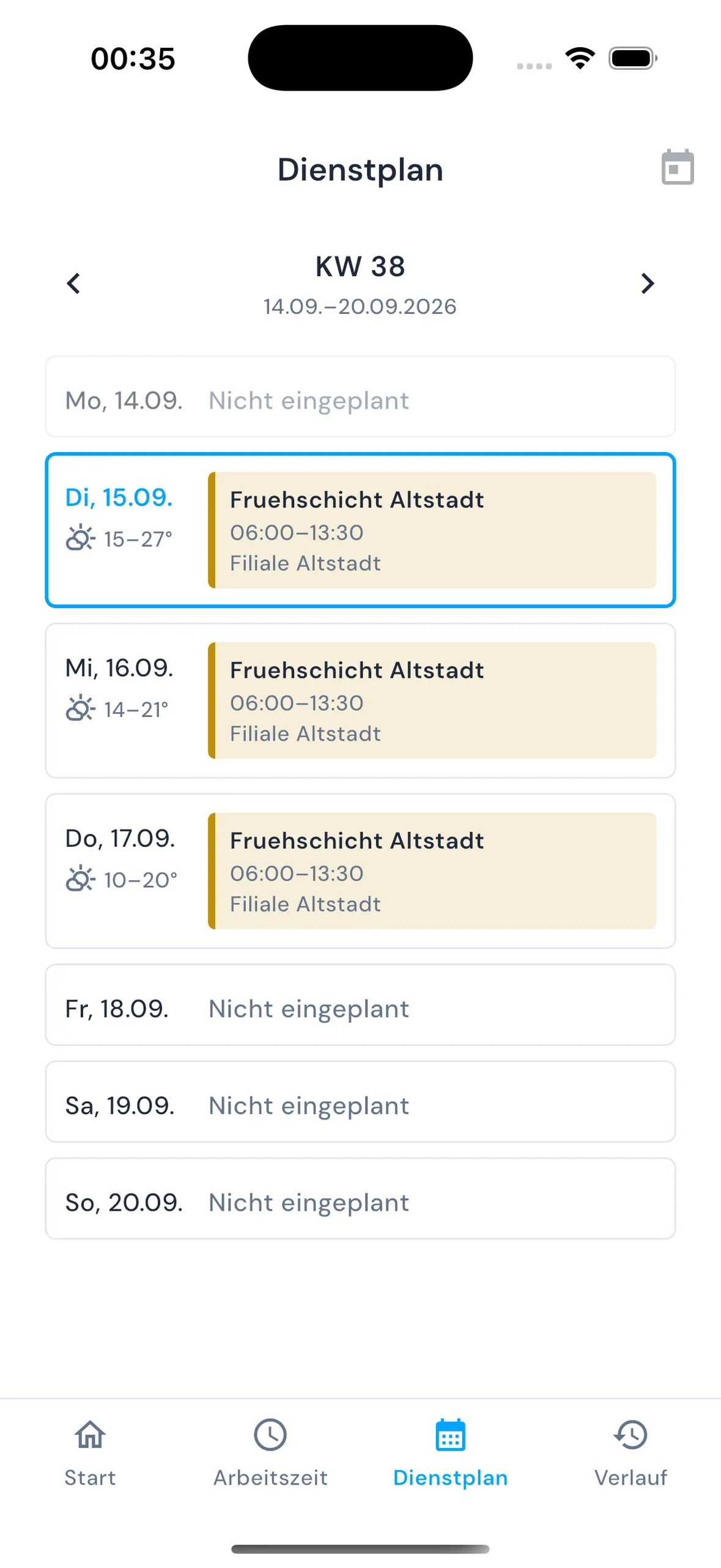 Die Mitarbeiter-App mit dem Dienstplan der Woche: Schicht, Arbeitsplatz, Zeiten und Wetter.