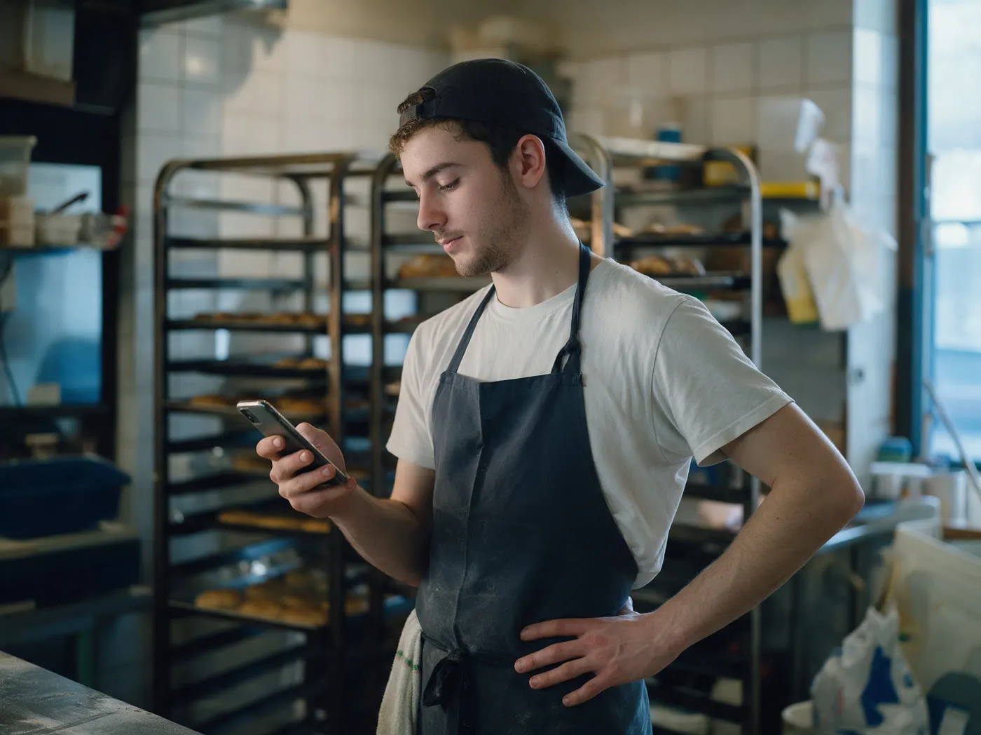 Mitarbeiter in der Backstube schaut auf sein Telefon.